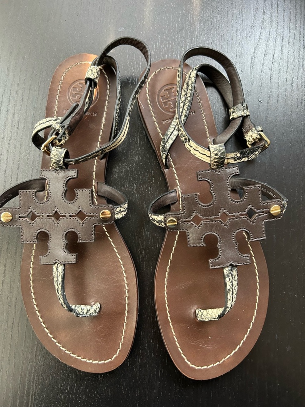 Tory Burch Brown Leather T-Strap Sandals with Snake-Print Straps
